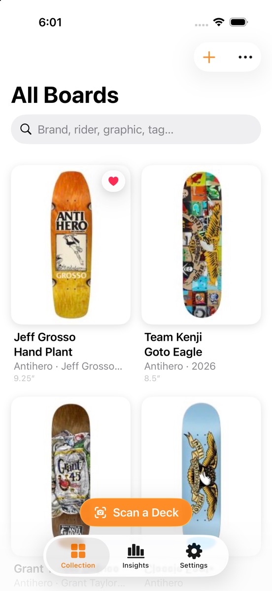 DeckVault on iPhone showing the All Boards grid